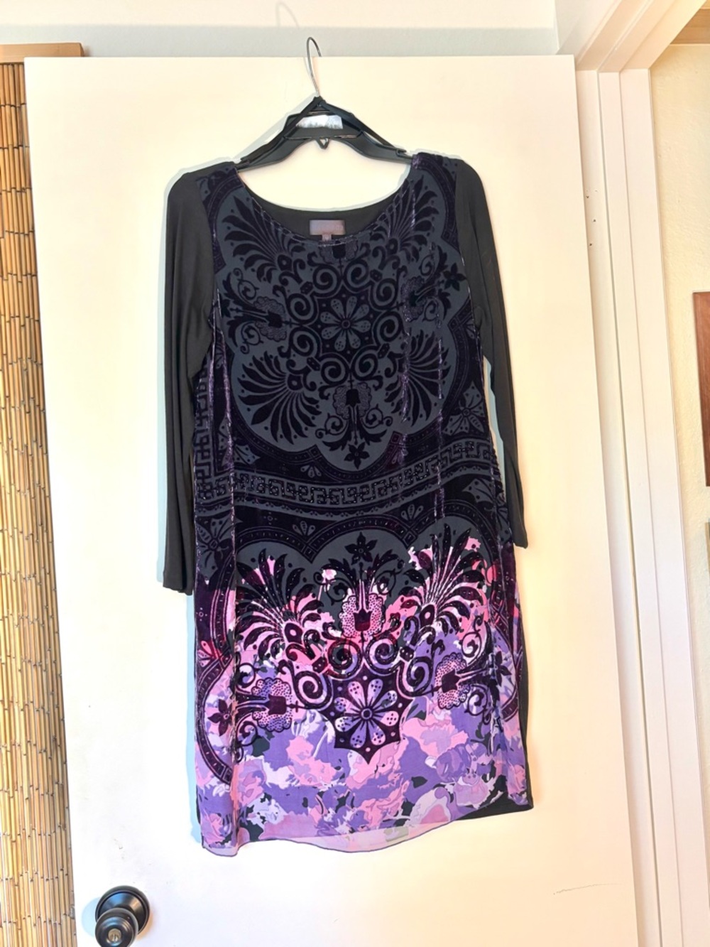Hale Bob Black and Purple Velvet-Print Long Sleeve Dress